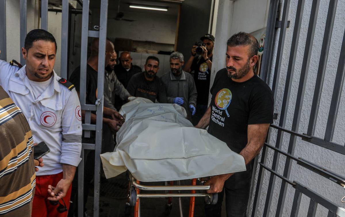 Bodies of foreign employees of the US-based international volunteer aid organization World Central Kitchen (WCK), who were killed after an Israeli attack on a vehicle belonging to WCK, are taken to El-Nejar Hospital in Rafah city, Gaza on April 03, 2024. [Abed Rahim Khatib - Anadolu Agency]