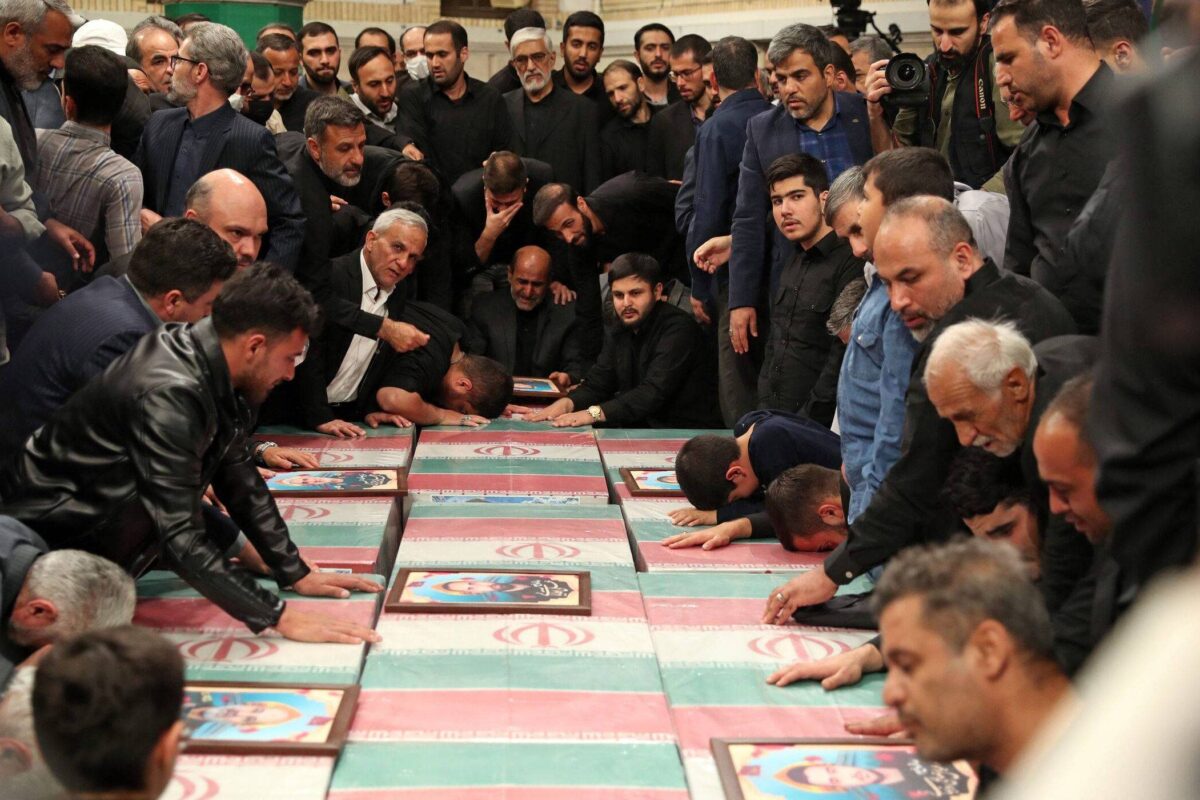 Iranian Supreme Leader Ayatollah Ali Khamenei and relatives of the victims attends the funeral ceremony held for victims who lost their lives in Israeli attack on Iran's consulate building in the embassy compound in Damascus in Tehran, Iran on April 04, 2022 [Iranian Leader Press Office/Handout - Anadolu Agency]