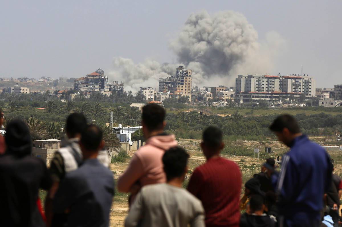 Smoke billows after Israeli army launched an airstrike on Al Mughraqa area in Gaza Strip, on April 14, 2024. [Ashraf Amra - Anadolu Agency]