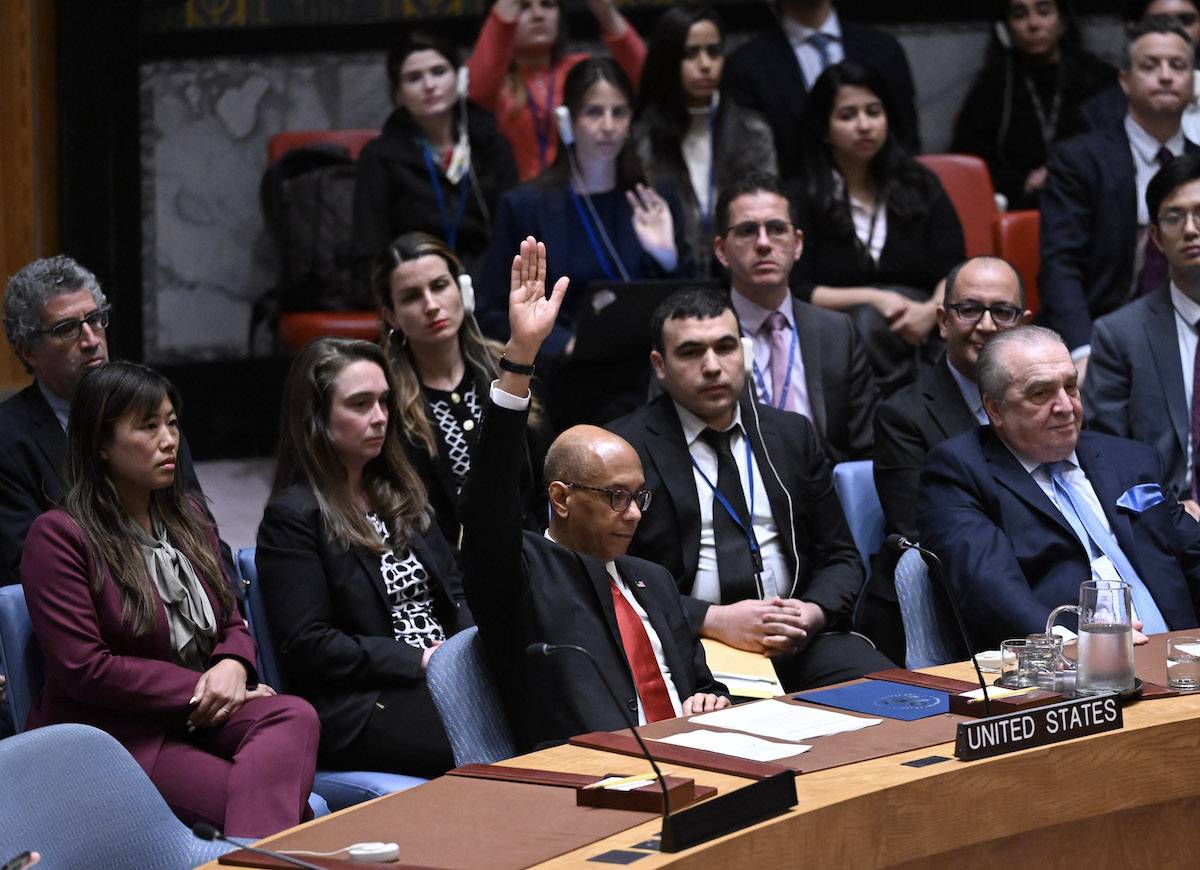 US Deputy Ambassador to the UN Robert Wood votes against a resolution allowing Palestinian UN membership at United Nations headquarters in New York, on April 18, 2024, during a United Nations Security Council meeting on the situation in the Middle East, including the Palestinian question. [Fatih Aktaş - Anadolu Agency]