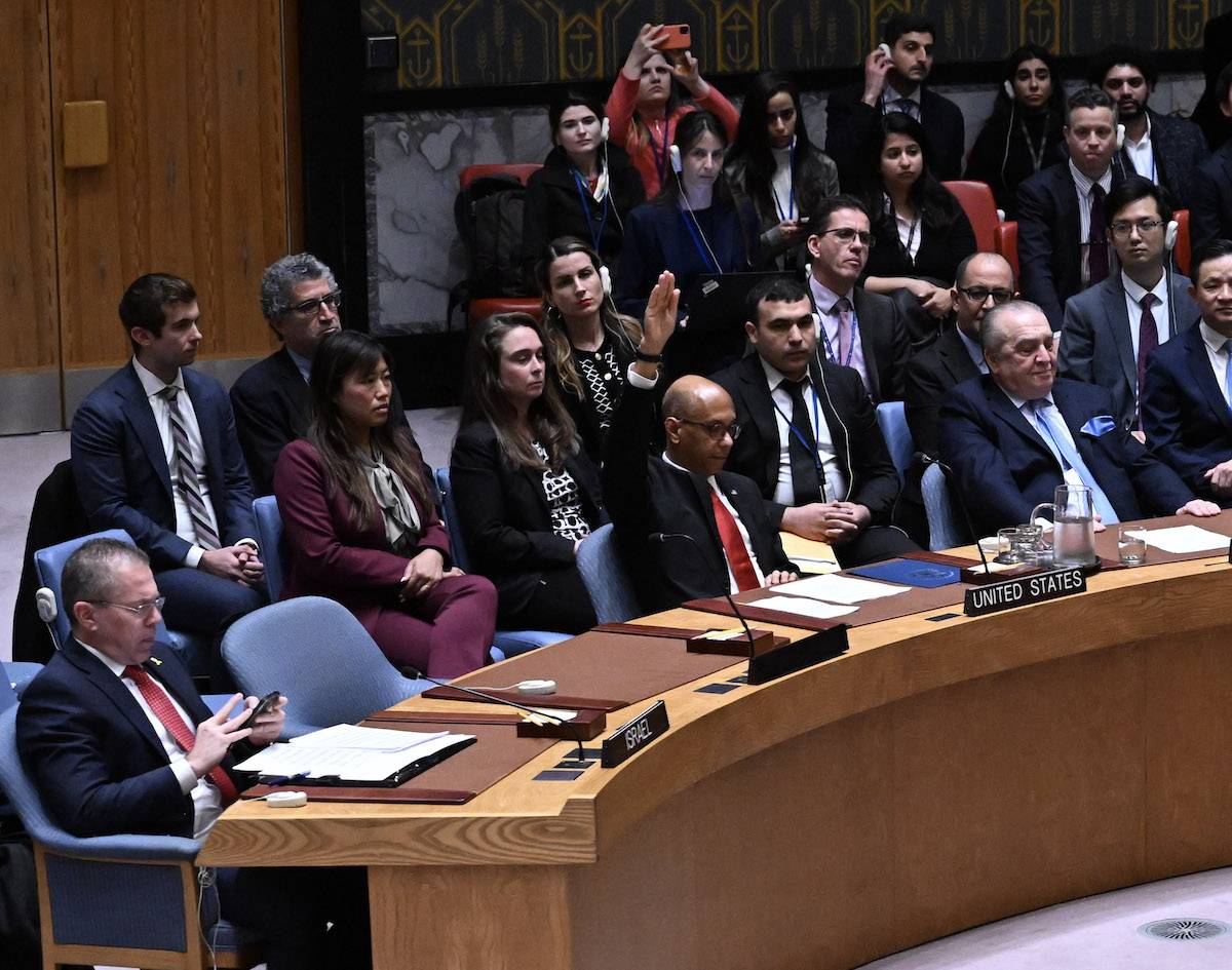 US Deputy Ambassador to the UN Robert Wood votes against a resolution allowing Palestinian UN membership at United Nations headquarters in New York, on April 18, 2024, during a United Nations Security Council meeting on the situation in the Middle East, including the Palestinian question. [Fatih Aktaş - Anadolu Agency]