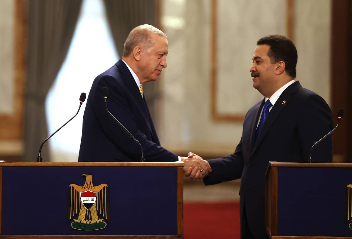 Turkish President Recep Tayyip Erdogan and Iraqi Prime Minister Mohammed Shia' Al Sudani hold a joint press conference in Baghdad, Iraq on April 22, 2024. [İslam Yakut - Anadolu Agency]