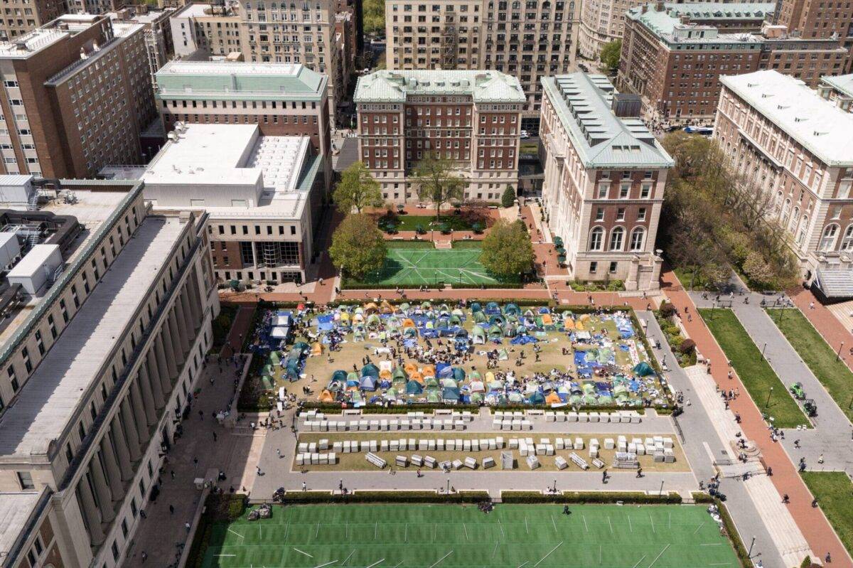 An aerial view of the "Gaza Solidarity Encampment" at Columbia University began last week in New York, USA on 24 April, 2024 [Fatih Aktaş/Anadolu Agency]