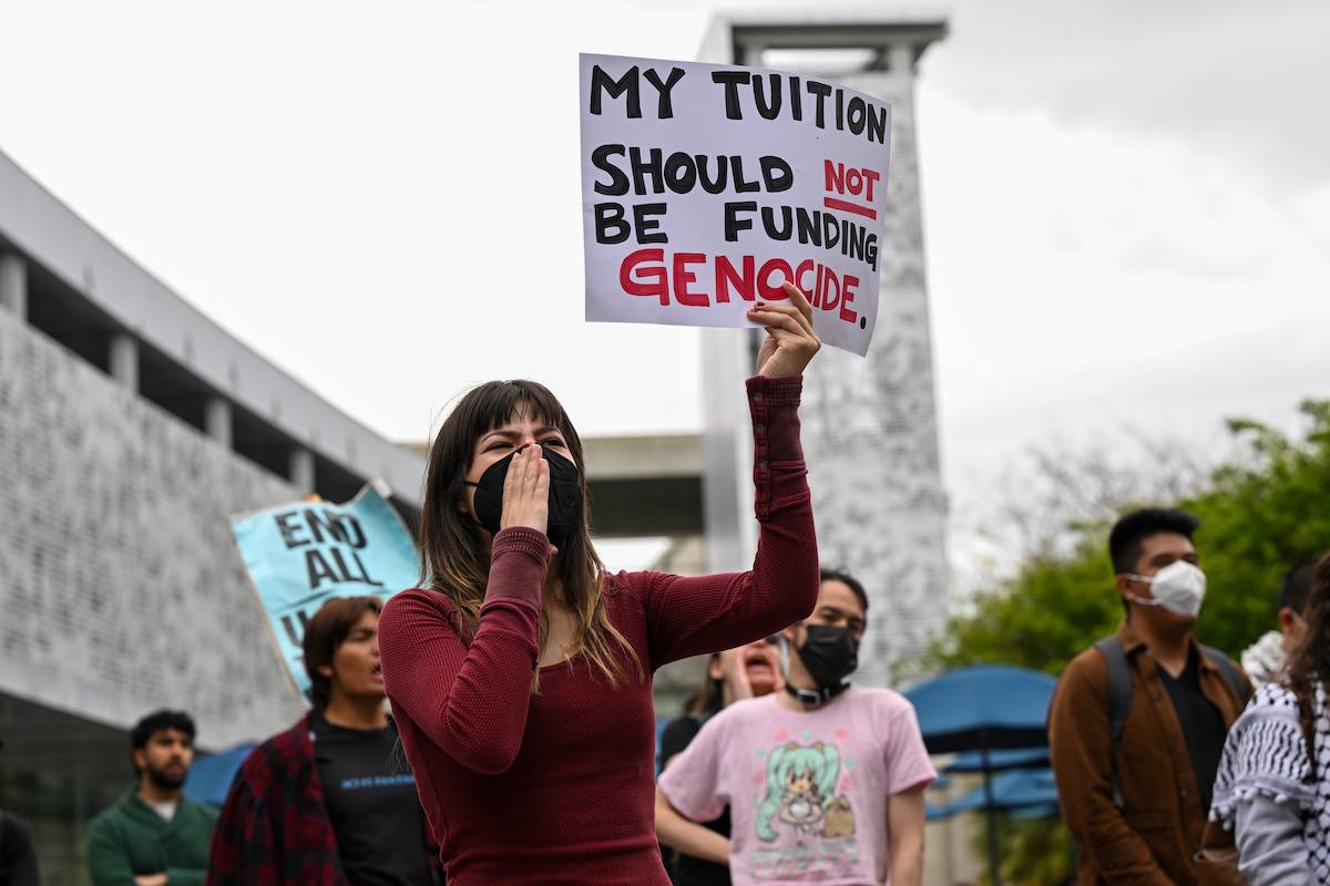 Students at San Jose State University (SJSU) are gathered at University's Student Union Patio, to protest Israeli attacks on Gaza, in San Jose, California, United States on April 24, 2024. [Tayfun Coşkun - Anadolu Agency]