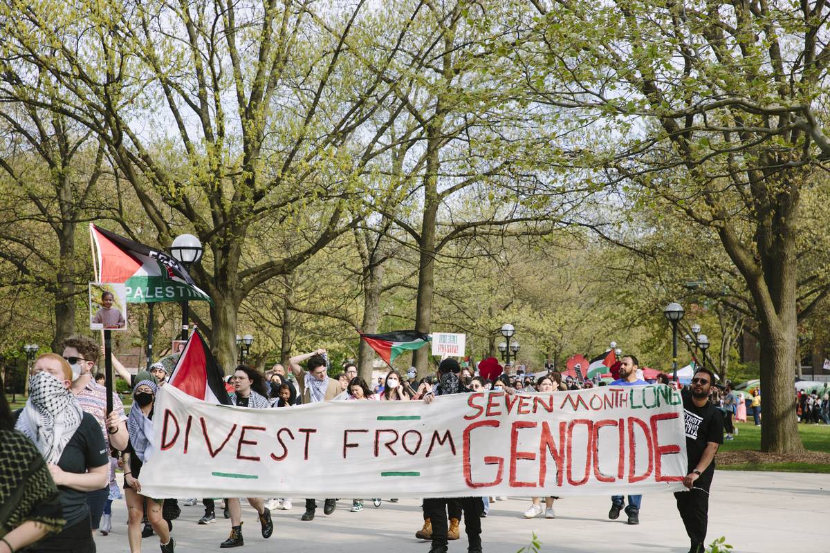 University students rally and march against Israeli attacks on Gaza as they continue their encampment on the grounds of the University of Michigan, on April 28, 2024, in Ann Arbor, Michigan, United States. [Katie McTiernan - Anadolu Agency]