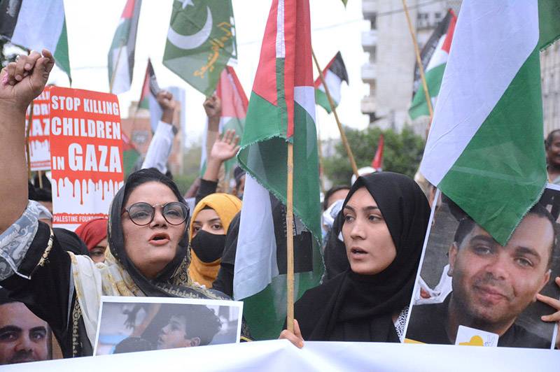 Palestine Foundation stages a protest demonstration against Israeli genocide in Gaza at Karachi Press Club, on 14 April 2024 in Karachi, Pakistan [APP/SDQ/ABB]