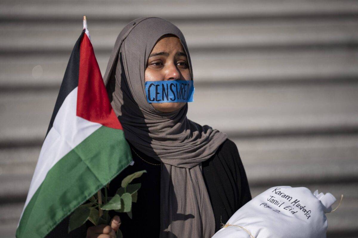 Activists take part during a silent demonstration at the Capitol Building stairs in Washington D.C., US to demand a ceasefire and an urgent humanitarian action for Gaza and the Palestinian people on November 8, 2023 [Mostafa Bassim/Anadolu via Getty Images]