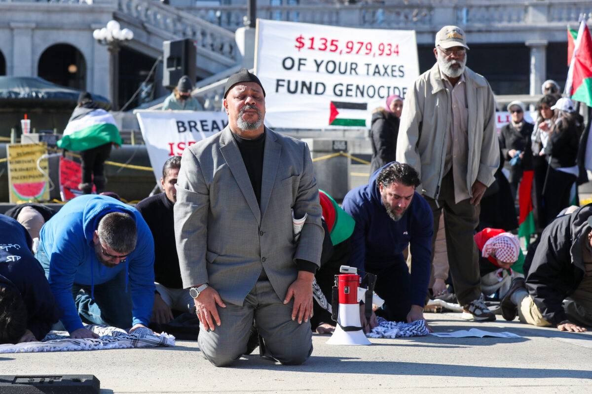 Muslims pray outside of the Pennsylvania State Capitol