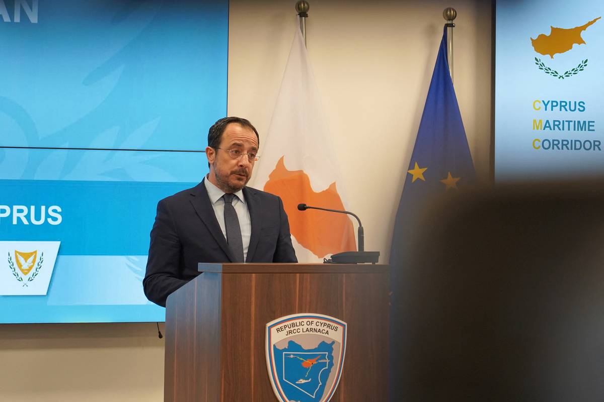 Cypriot President Nikos Christodoulides gives a speech at the Joint Rescue Coordination Centre (JRCC) near Larnaca's international airport on April 2, 2024.[Photo by ETIENNE TORBEY/AFP via Getty Images]