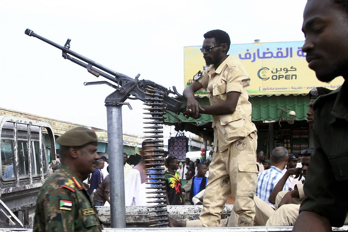 Sudanese security forces patrol in a commercial district in Gedaref city in eastern Sudan on April 3, 2024. [EBRAHIM HAMID/AFP via Getty Images]