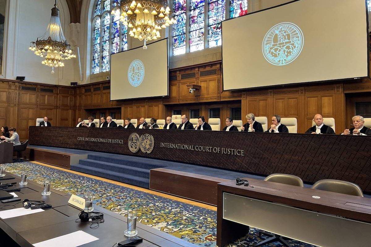 A general view of the court on the day the International Court of Justice (ICJ) is due to rule on a request by Nicaragua to order Germany to stop exporting military weapons to Israel and to reverse its decision to stop funding the UN agency for Palestinian refugees, UNRWA on April 23, 2024  in the Hague, Netherlands. [Selman Aksünger - Anadolu Agency]