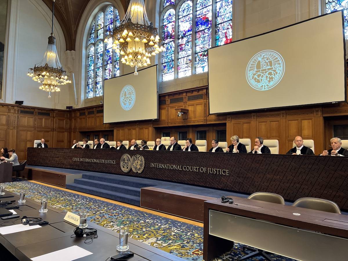 A general view of the court on the day the International Court of Justice (ICJ) is due to rule on a request by Nicaragua to order Germany to stop exporting military weapons to Israel and to reverse its decision to stop funding the UN agency for Palestinian refugees, UNRWA on April 23, 2024 in the Hague, Netherlands. [Selman Aksünger - Anadolu Agency]