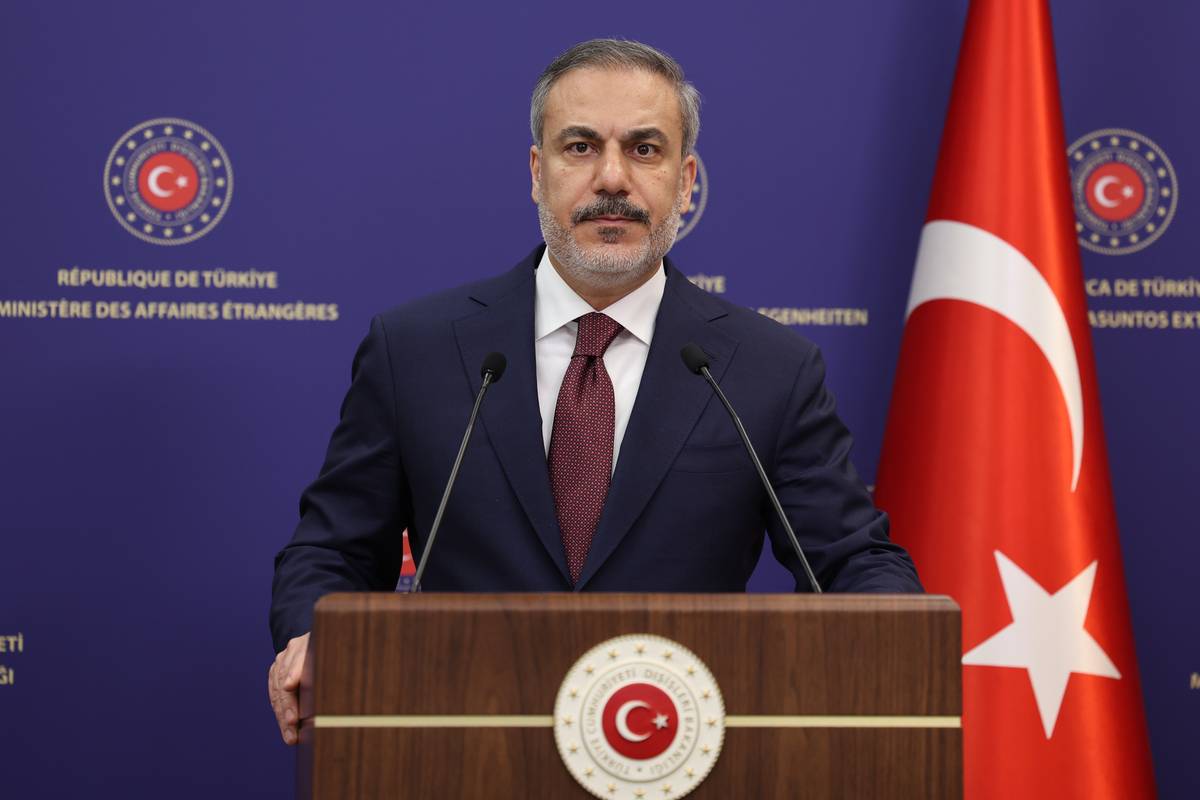 Turkish Foreign Minister Hakan Fidan gives a speech in Ankara, Turkiye on May 1, 2024. [Arda Küçükkaya - Anadolu Agency]