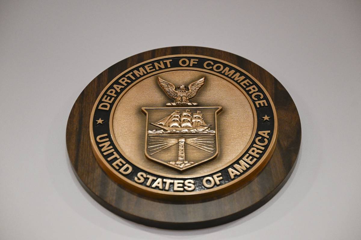 The United States Department of Commerce logo is seen on a charger station in Washington D.C., United States on May 13, 2024. [Celal Güneş - Anadolu Agency]
