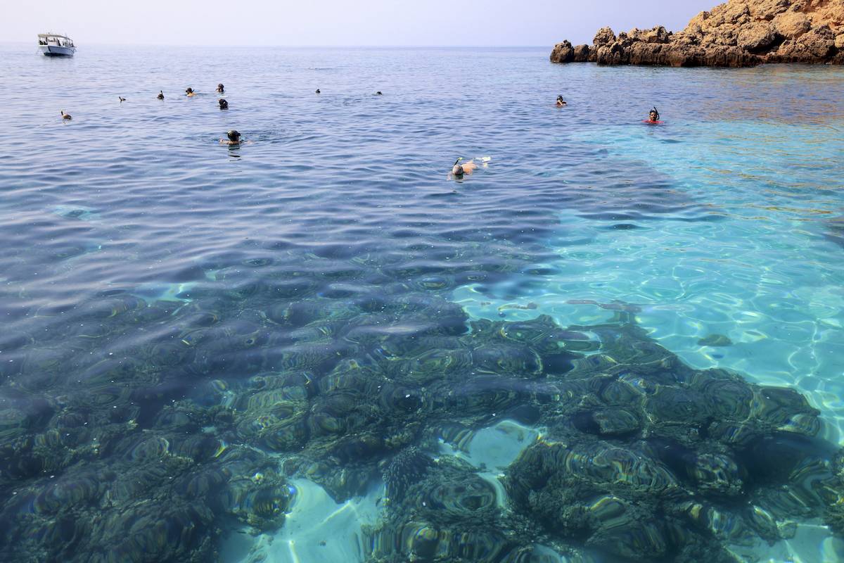 Volunteer divers take part in a campaign to remove fishing nets from coral reefs at Oman's Dimaniyat islands on October 4, 2023. [ KARIM SAHIB/AFP via Getty Images]