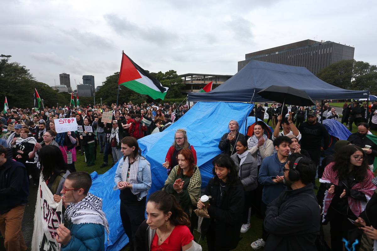 Protesters gather on the lawns of The University Of Sydney in support of a pro-Palestine encampment on May 03, 2024 in Sydney, Australia. [Photo by Lisa Maree Williams/Getty Images]