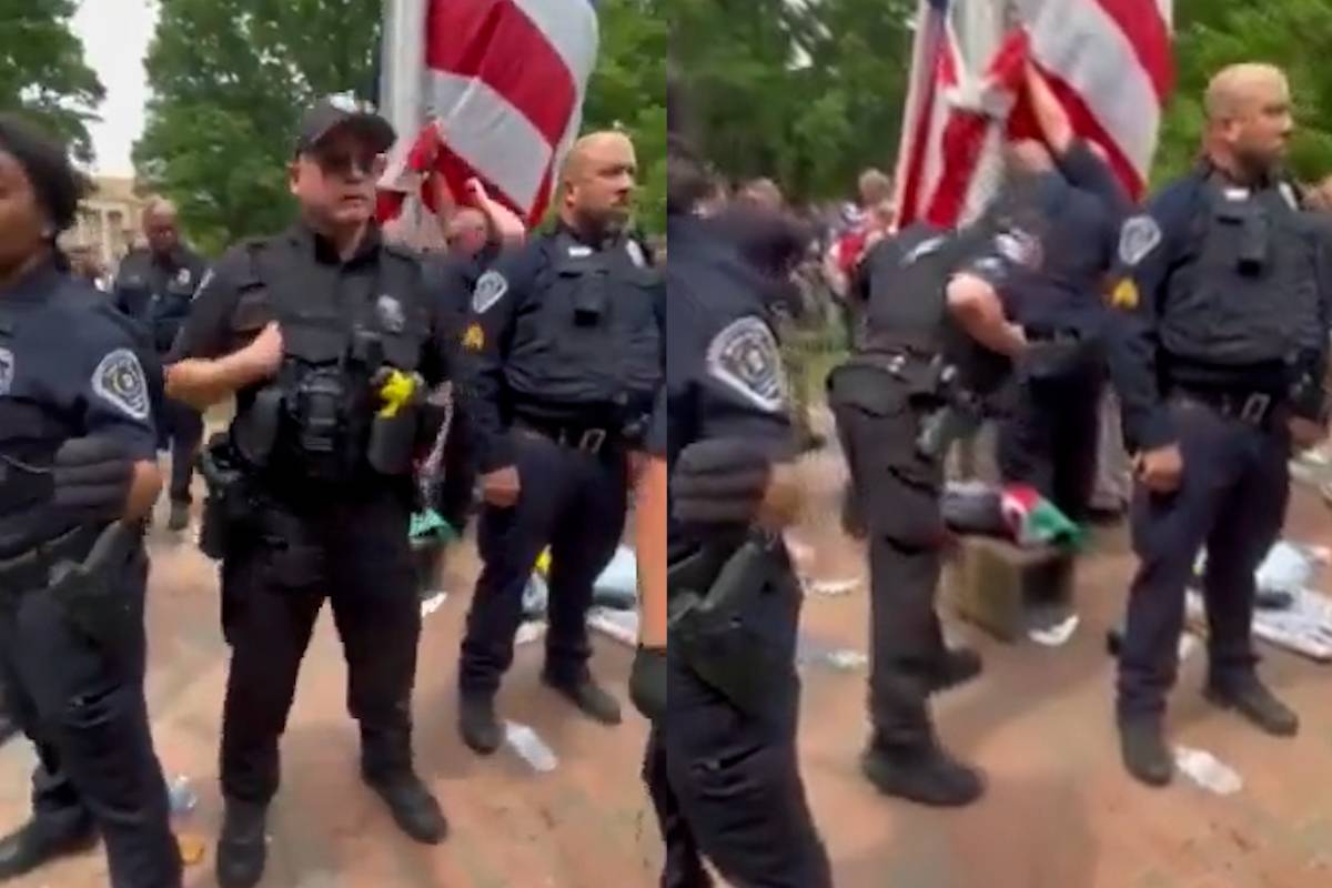 US cop spits on Palestinian flag at North Carolina University
