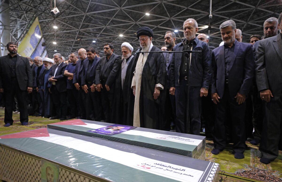 Iranian Leader Ali Khamenei attends the funeral prayer of the Hamas political chief Ismail Haniyeh, who was assassinated in Tehran, Iran on August 1, 2024. [Iranian Leader Press Office - Anadolu Agency]