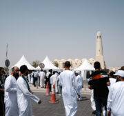 People arrive at the Imam Abd al-Wahhab Mosque for the funeral ceremony of Hamas political chief Ismail Haniyeh, who was assassinated, in Doha, Qatar on August 02, 2024. [Mehmet Ali Özcan - Anadolu Agency]