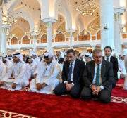 Turkish Vice President Cevdet Yilmaz, Leader of Great Unity Party (BBP) of Turkiye Mustafa Destici attend the funeral ceremony of Hamas political chief Ismail Haniyeh, who was assassinated in Iran's capital Tehran at the Imam Abd al-Wahhab Mosque in Doha, Qatar on August 02, 2024. [Ahmet Okur - Anadolu Agency]
