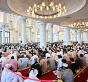 People attend the funeral ceremony of Hamas political chief Ismail Haniyeh, who was assassinated in Iran's capital Tehran at the Imam Abd al-Wahhab Mosque in Doha, Qatar on August 02, 2024. [Ahmet Okur - Anadolu Agency]