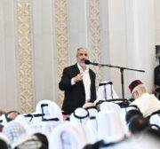 Senior Hamas official Khaled Mashal makes a speech during the funeral ceremony of Hamas political chief Ismail Haniyeh, who was assassinated in Iran's capital Tehran at the Imam Abd al-Wahhab Mosque in Doha, Qatar on August 02, 2024. [Ahmet Okur - Anadolu Agency]