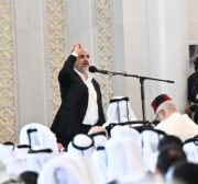 Senior Hamas official Khaled Mashal makes a speech during the funeral ceremony of Hamas political chief Ismail Haniyeh, who was assassinated in Iran's capital Tehran at the Imam Abd al-Wahhab Mosque in Doha, Qatar on August 02, 2024. [Ahmet Okur - Anadolu Agency]
