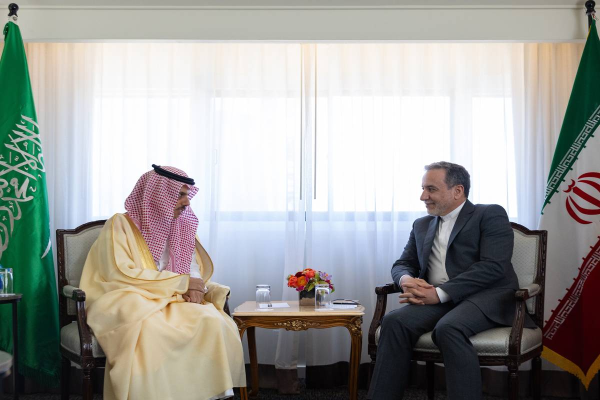 Saudi Arabian Foreign Minister Faisal bin Farhan Al Saud (L) meets with his Iranian counterpart Abbas Araghchi (R) within United Nations (UN) General Assembly meetings in New York, United States on September 22, 2024. [Saudi Arabian Foreign Ministry - Anadolu Agency]