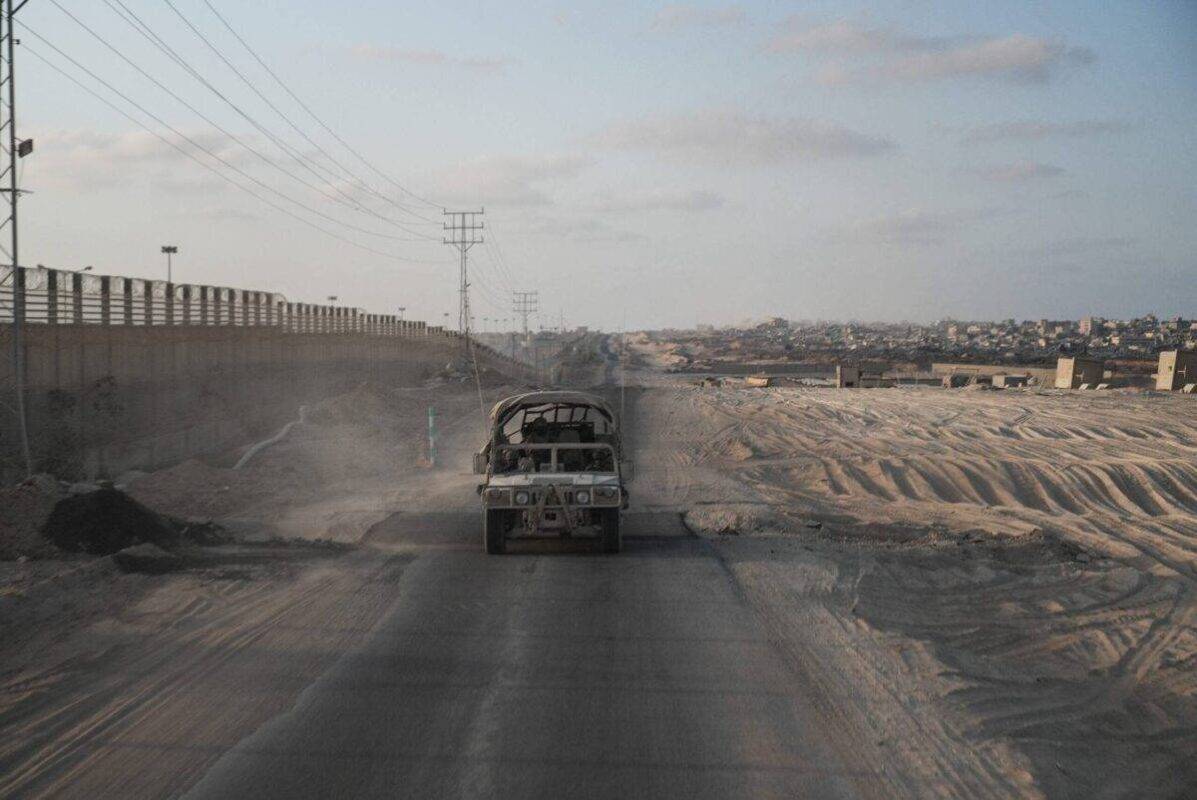 Israeli soldiers patrol along the Philadelphi corridor in Rafah in the Gaza Strip on September 13, 2024 [SHARON ARONOWICZ/AFP via Getty Images]