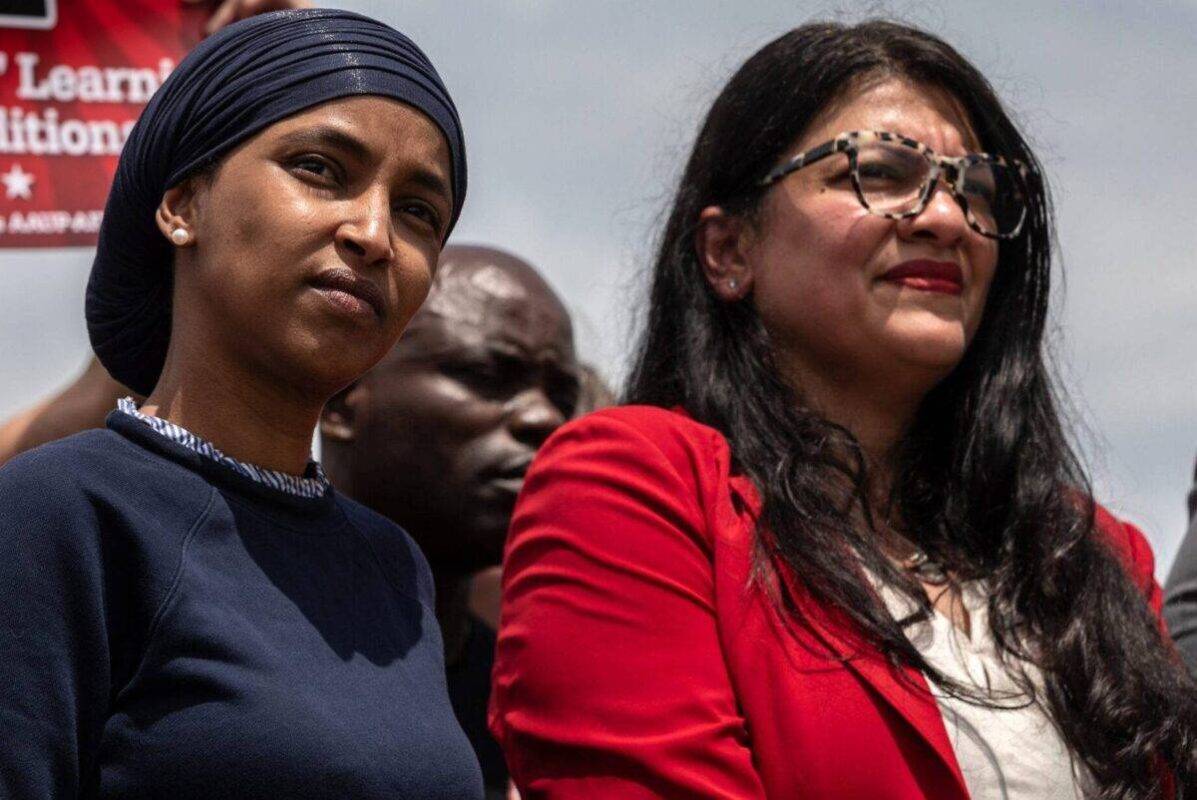 Representative Rashida Tlaib, a Democrat from Michigan, right, and Representative Ilhan Omar, a Democrat from Minnesota, during a news conference on free speech on college campuses, outside the US Capitol in Washington, DC, US, on Thursday, May 23, 2024 [Anna Rose Layden/Bloomberg via Getty Images]