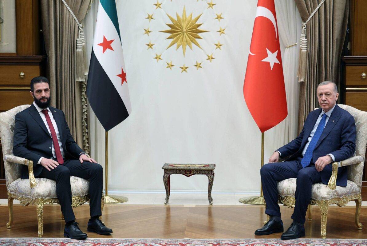 Turkish President Recep Tayyip Erdogan (R) receives Syria's interim President Ahmed al-Sharaa (L) for a meeting at the Presidentian Complex in Ankara, Turkiye on February 04, 2025 [TUR Presidency / Mustafa Kamaci - Anadolu Agency]