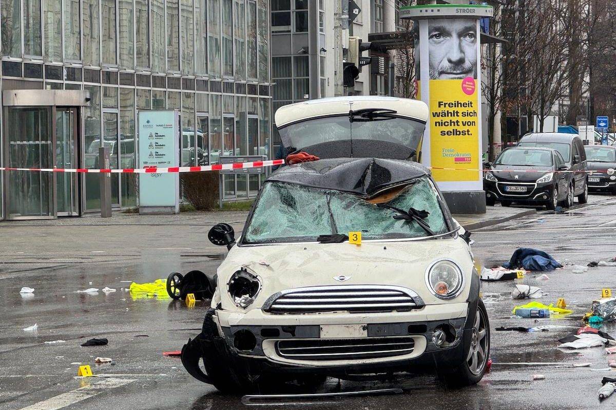 A view of the damaged car after a car plowed into a crowd in the southern German city of Munich on February 13, 2025 injuring multiple people, according to local authorities. [Behlül Çetinkaya - Anadolu Agency]