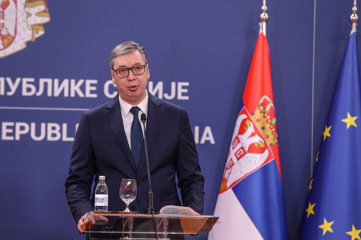 Serbian President Aleksandar Vucic gives a speech in Belgrade, Serbia on April 01, 2025. [Filip Stevanovic - Anadolu Agency]