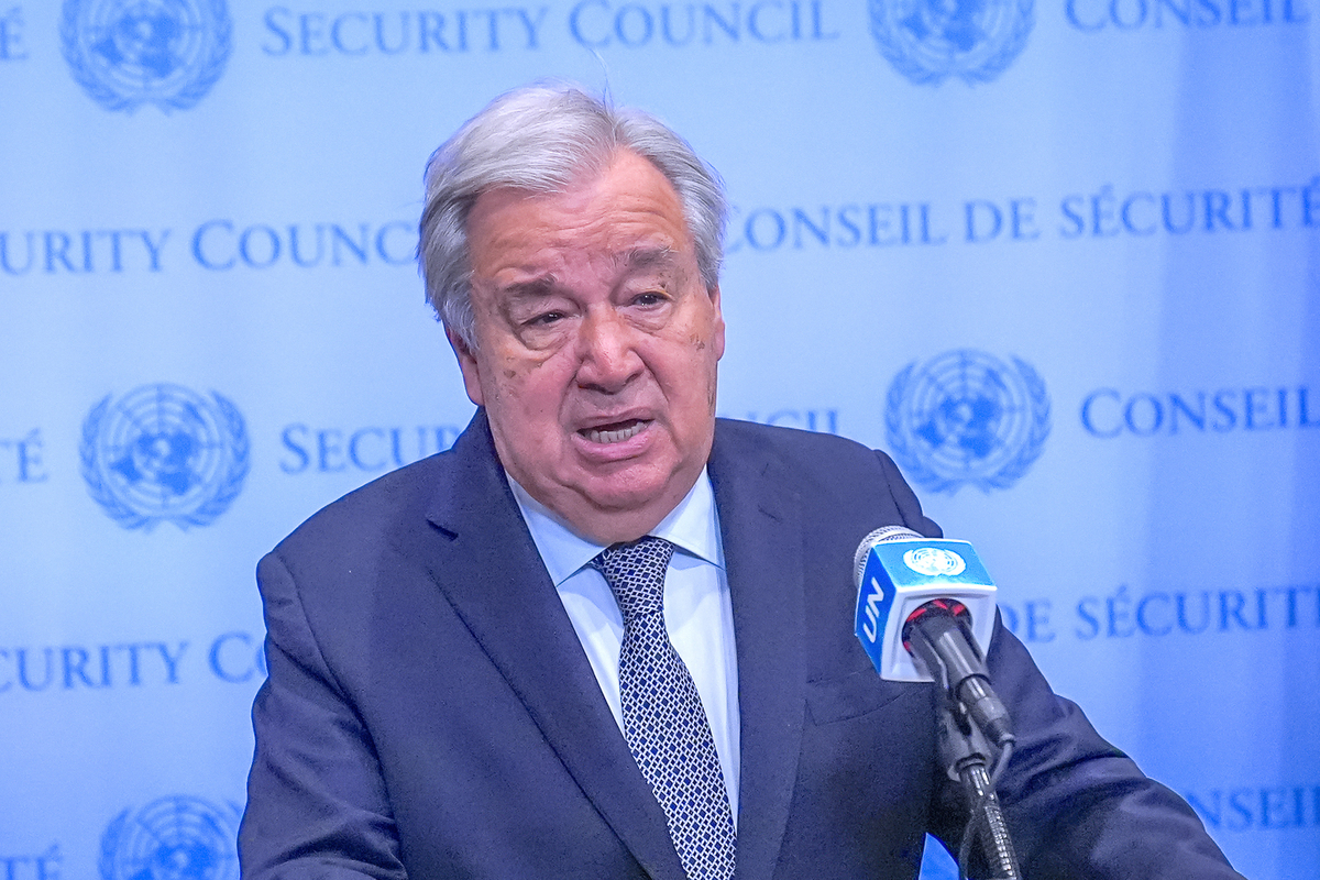 United Nations Secretary-General Antonio Guterres gives a speech in New York City, United States. on Monday, May 05, 2025.[Selçuk Acar - Anadolu Agency]