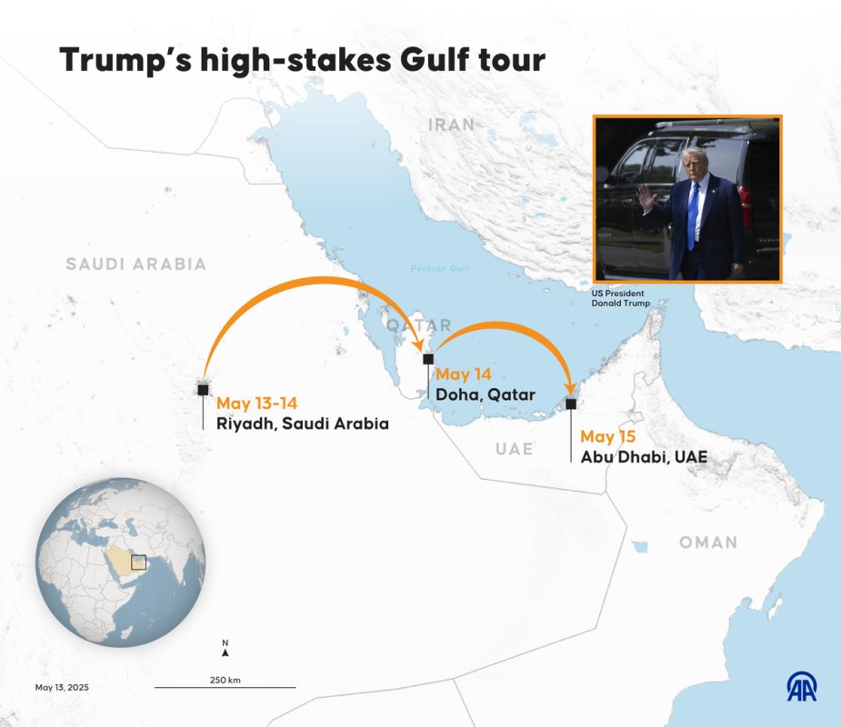An infographic titled "Trump’s high-stakes Gulf tour" created in Ankara, Turkiye on May 13, 2025. [Yasin Demirci - Anadolu Agency]