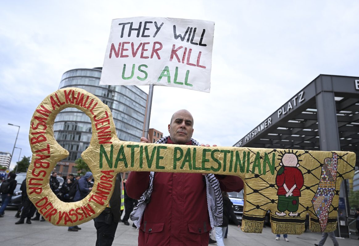 Hundreds of people gather to protest Israel's attacks on Gaza on the 77th anniversary of the Nakba at Potsdamer Square in Berlin, Germany on May 17, 2025. [Halil Sağırkaya - Anadolu Agency]