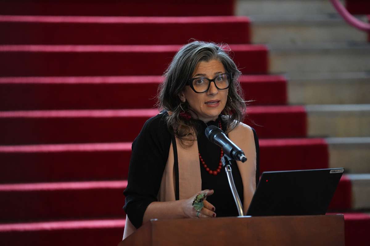 Francesca Albanese UN Special Rapporteur gives a speech in Bogota, Colombia, on July 15, 2025. [Juancho Torres - Anadolu Agency]