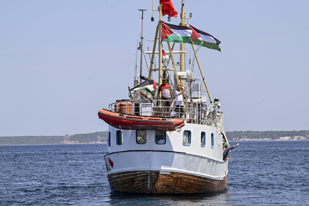 Crew of Handala vessel seen sailing in the port of Gallipoli after a press point, the vessel "Handala" of Freedom Flotilla Coalition departed from Gallipoli Port, in Italy, on 20 July 2025, to reach Gaza for delivering humanitarian aid and breaking the Israeli blockade. [Valeria Ferraro - Anadolu Agency]