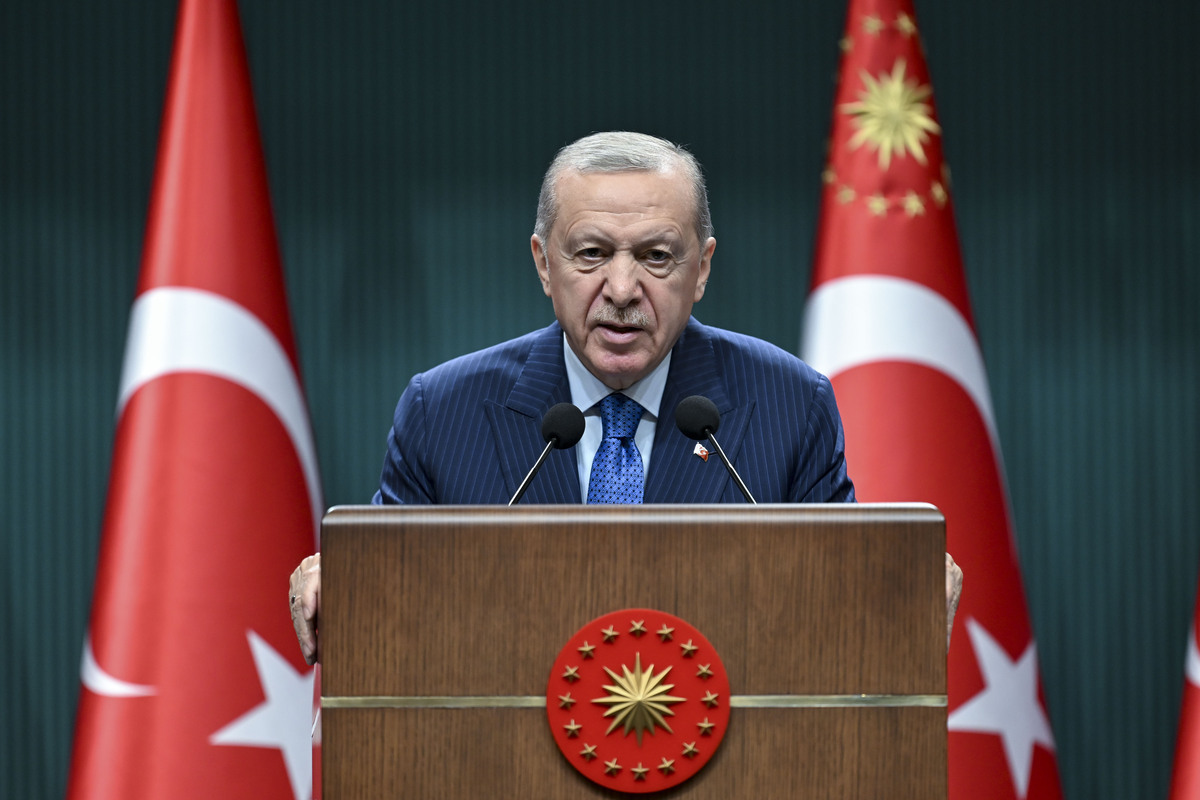 Turkish President Recep Tayyip Erdogan gives a speech in Ankara, Turkiye, on July 28, 2025. [Utku Uçrak - Anadolu Agency]