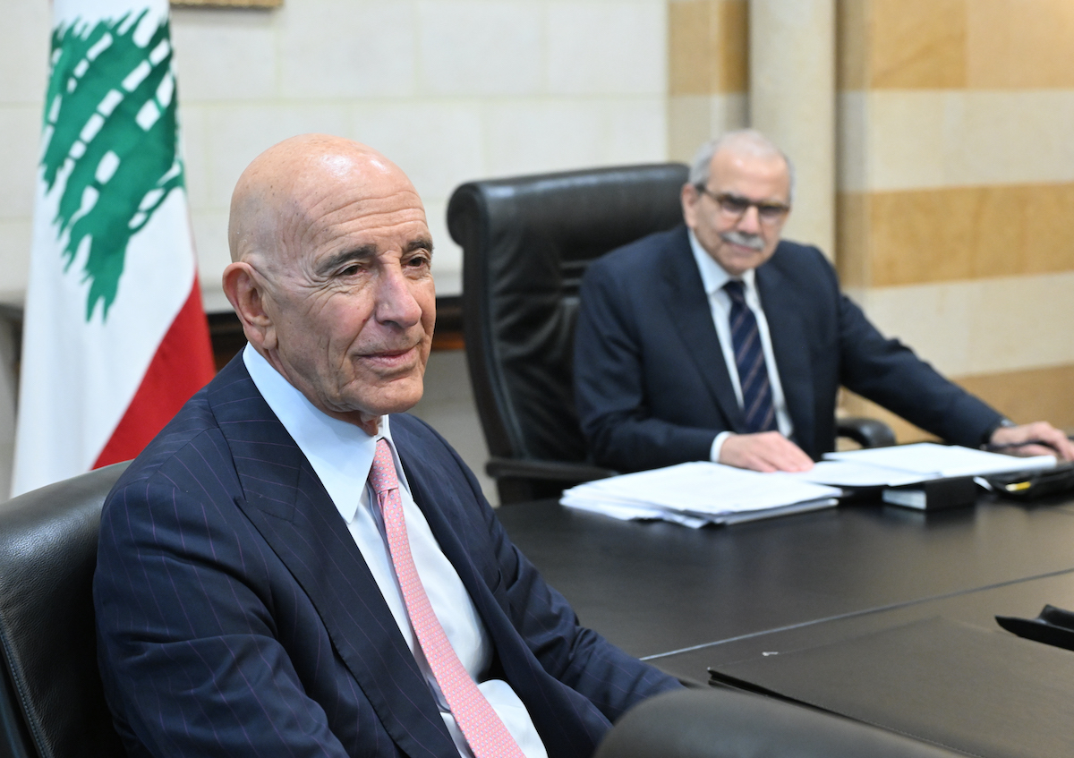 US Ambassador to Ankara and Special Envoy for Syria Tom Barrack (L) meets with Lebanese Prime Minister Nawaf Salam (R) at the prime minister's office in the capital Beirut, Lebanon on August 18, 2025. [Houssam Shbaro - Anadolu Agency]