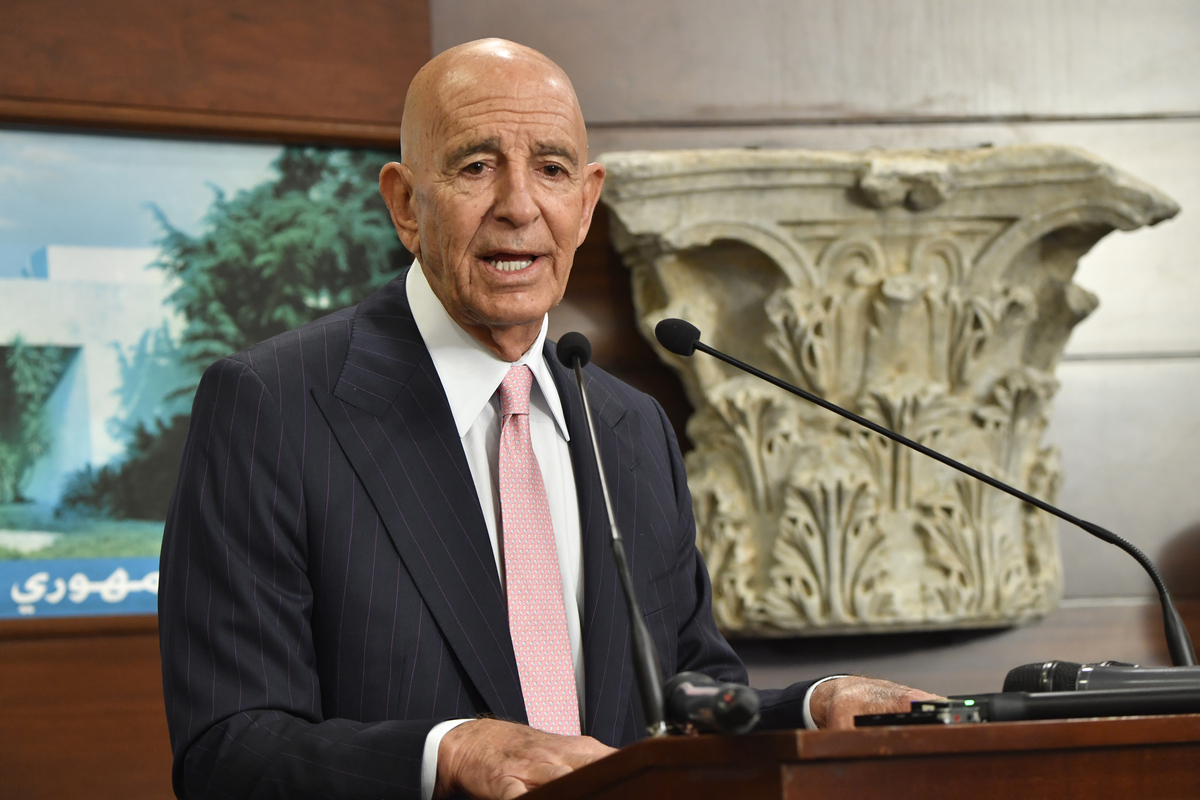 US Ambassador to Ankara and Special Envoy for Syria Tom Barrack holds a press conference in the capital Beirut, Lebanon on August 18, 2025. [Houssam Shbaro - Anadolu Agency]