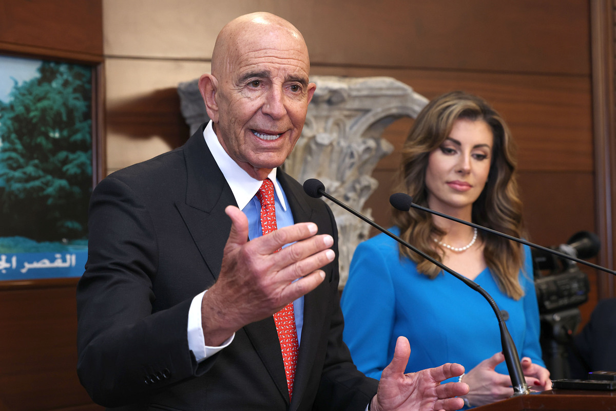US ambassador to Turkiye and Special Envoy for Syria Tom Barrack (L) and Deputy Special Envoy to the Middle East Morgan Ortagus (R) hold a press conference at al Babdaa Palace in Beirut, Lebanon on August 26, 2025. [Lebanese Presidency / Handout - Anadolu Agency]