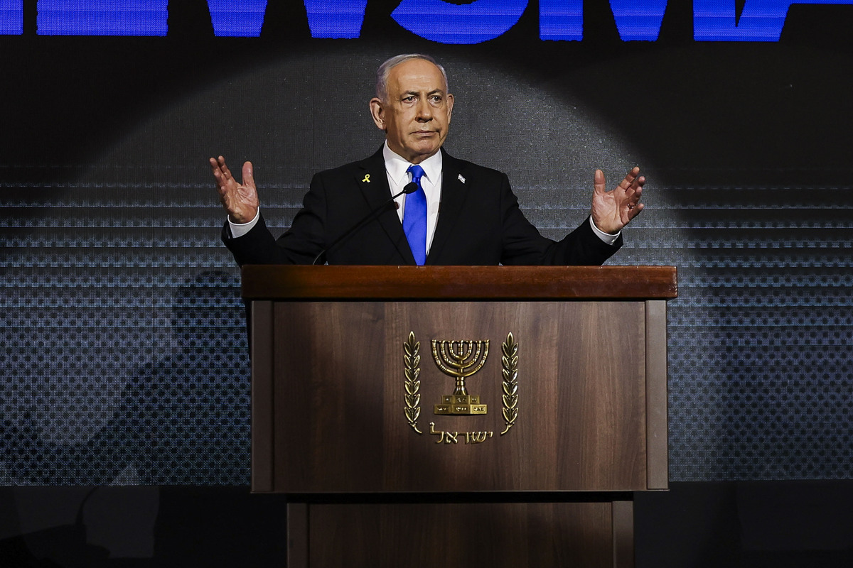 Israeli Prime Minister Benjamin Netanyahu gives a speech in Jerusalem on August 13, 2025.[Photo by RONEN ZVULUN/POOL/AFP via Getty Images]