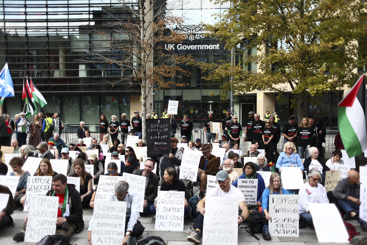 People take part in a demonstration organised by Defend Our Juries in support of Palestinian people in Gaza outside Queen Elizabeth House, the UK Government building in Edinburgh, Scotland on September 6, 2025. [Ewan Bootman - Anadolu Agency]