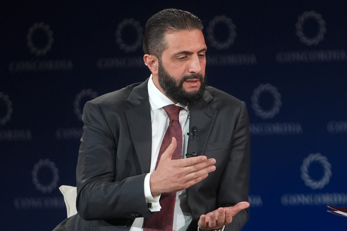 Syrian President Ahmed al-Sharaa delivers a speech during Concordia's 15th Annual Summit in New York City, United States, on September 22, 2025. [Selçuk Acar - Anadolu Agency]