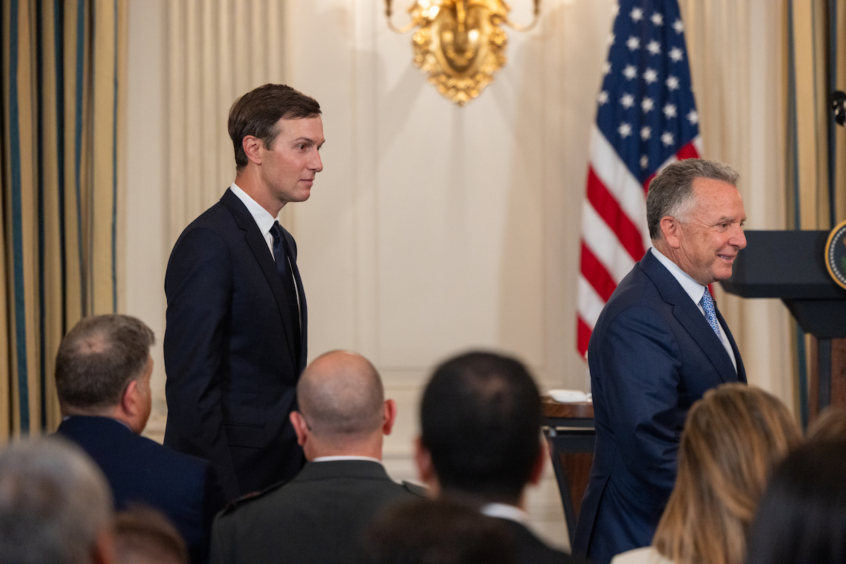 Steve Witkoff and Jared Kushner are seen before a press conference with President Donald Trump and Israeli Prime Minister Benjamin Netanyahu in the State Dining Room of the White House in Washington, DC on September 29, 2025. [Stringer - Anadolu Agency]
