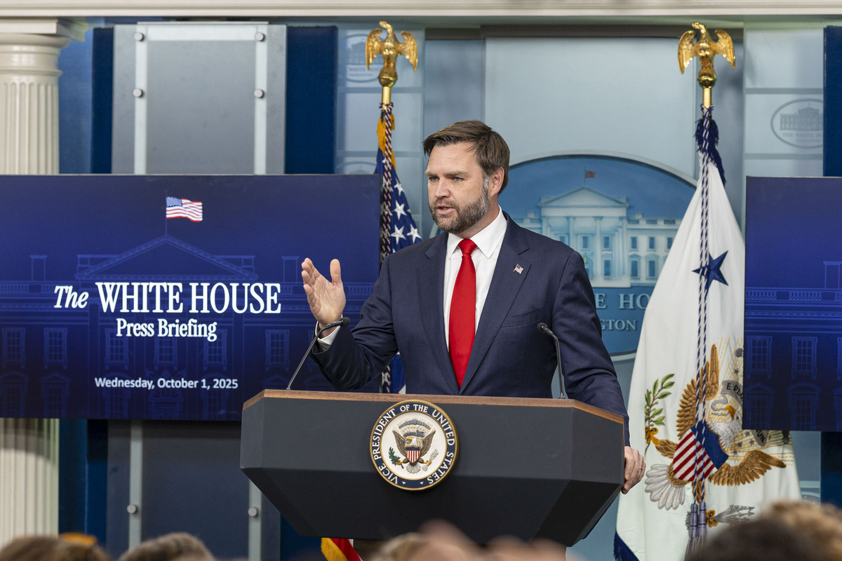 U.S. Vice President JD Vance speaks to the media during the press briefing in the Brady Press Briefing Room at the White House in Washington D.C., on October 01, 2025. [Mehmet Eser - Anadolu Agency]