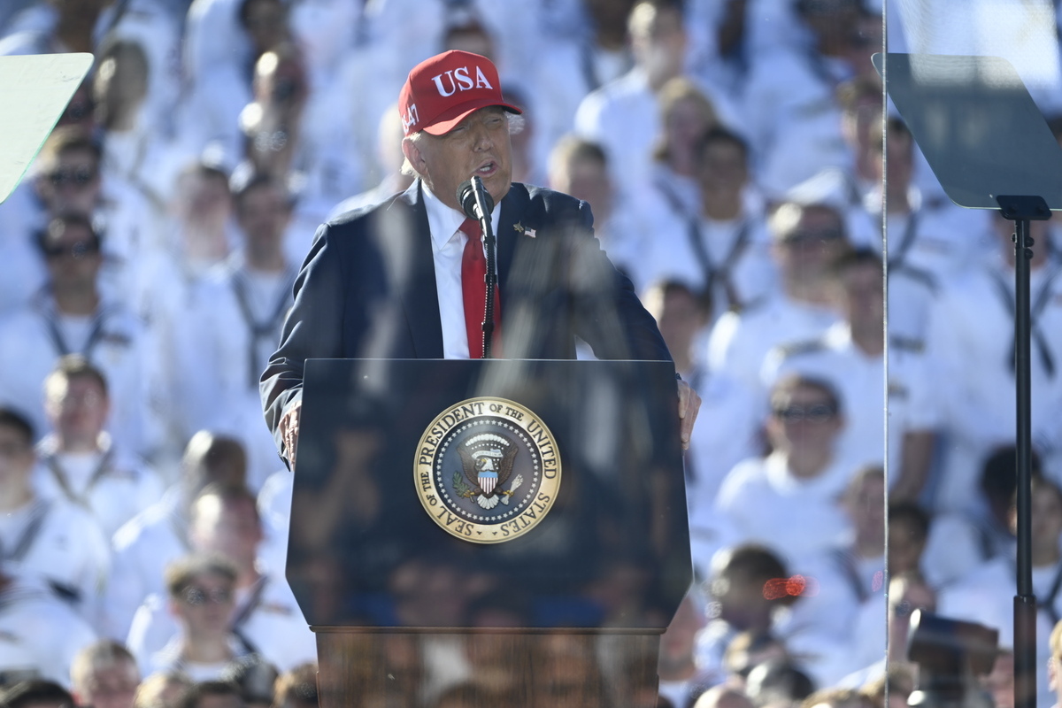 US President Donald J. Trump at a celebration for the United States Navy's 250th anniversary at Naval Station Norfolk in Norfolk, Virginia, United States on October 5, 2025. [Kyle Mazza - Anadolu Agency]