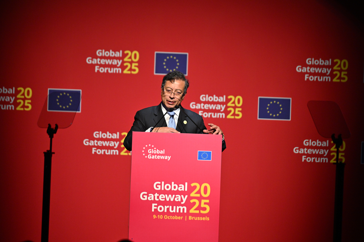 President of Colombia, Gustavo Petro, attends the Global Gateway Forum 2025 held in Brussels, the capital of Belgium, and gives a speech, on October 09, 2025. [Dursun Aydemir - Anadolu Agency]