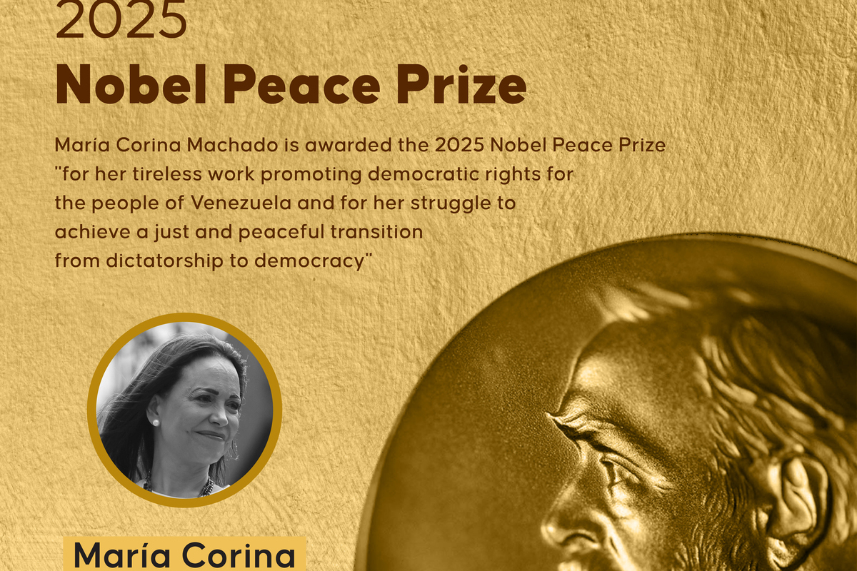 An infographic titled "2025 Nobel Peace Prize" created in Ankara, Turkiye on October 10, 2025. [Bedirhan Demirel - Anadolu Agency]